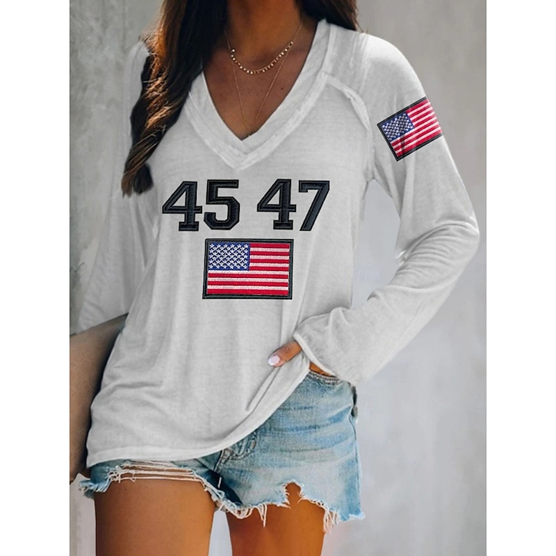 Women's Patriotic Shirt Flag Stylish Casual Long Sleeve V Neck Regular Tops Daily Print White Red Blue Green  Spring Prefall2