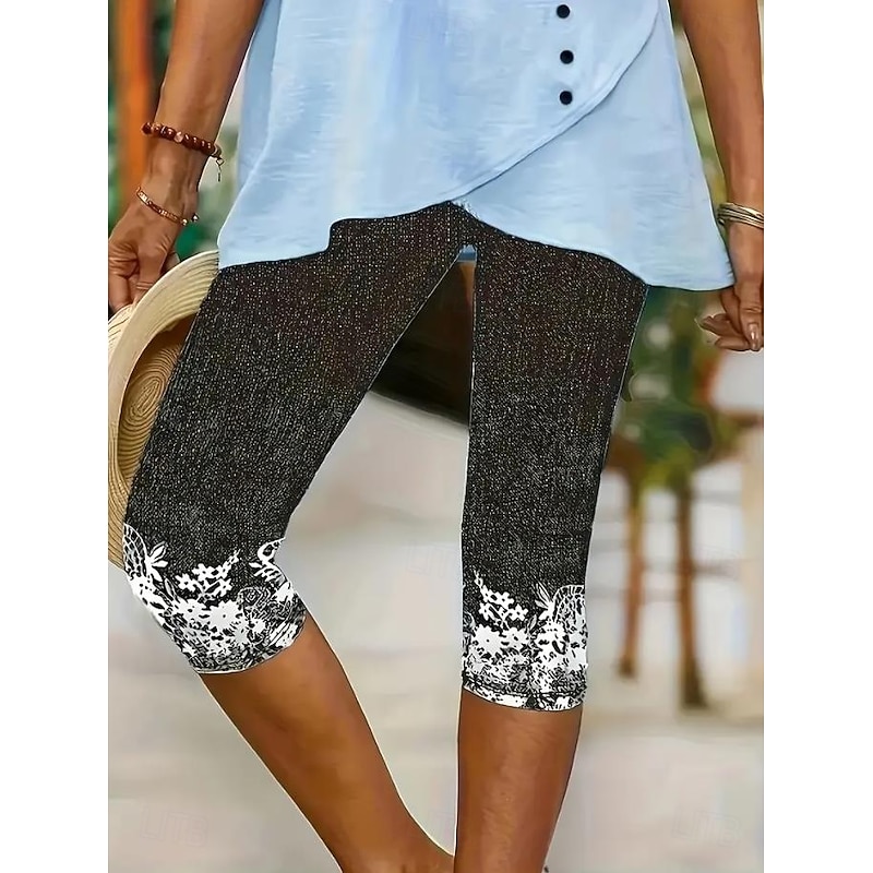 Women's Leggings Capri Pants High Elasticity Vacation Vintage Fashion Calf-Length Mid Waist Floral Graphic Printing Breathable Soft Stretchy Vacation Street Causal Robin's Egg Blue Black