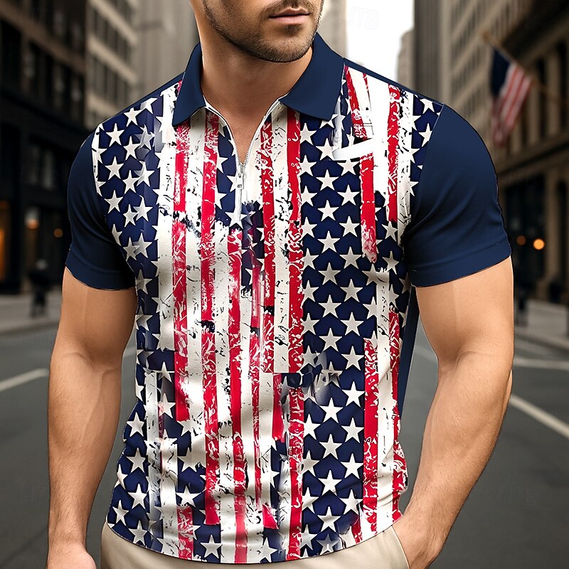 Independence Day Men's American US Flag Zip Polo Short Sleeve Turndown Casual / Sporty Sports & Outdoor Casual Daily 3D Print Summer Robin's Egg Blue
