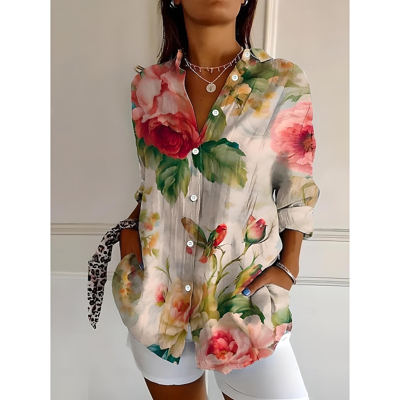 Women's Shirt Button Down Tunic Shirt Collar Long Sleeve Ombre Floral Graphic Vintage Tropical Stylish Regular Tops Work Daily s Print White Pink Red Green Beige Spring Fall