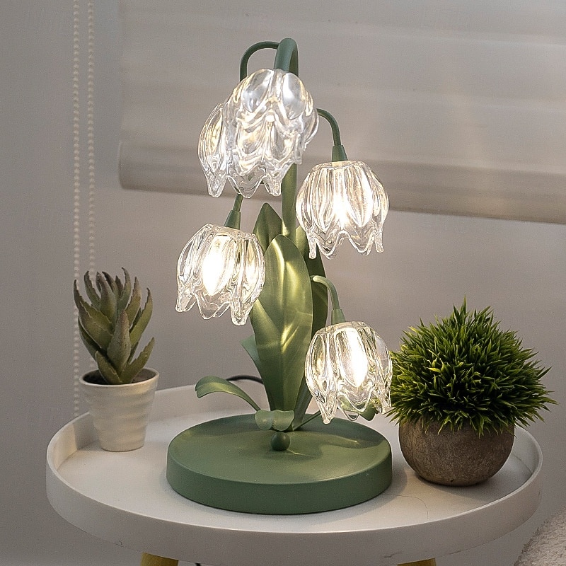 Green Tulip Table Lamp Vintage Flower Bedside Desk Lamp G4 Led Bulbs Elegant Floral Nightstand Lamp for Bedroom Living Room Office Reading