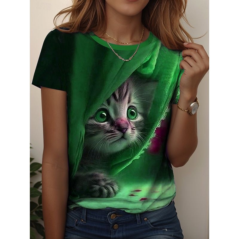 Women's T Shirt Graphic Animal Cat Vintage Stylish Classic Short Sleeve Crew Neck Regular Tops Daily Weekend Print Blue Purple Green Summer Spring4
