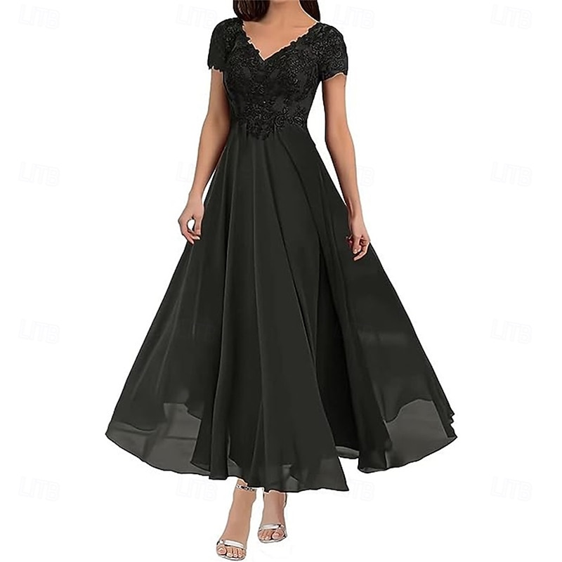 A-Line Mother of the Bride Dress Elegant V Neck Floor Length Polyester Short Sleeve with Solid Color4