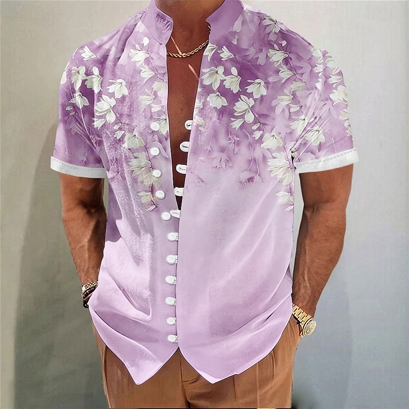 Men's Coconut Tree Tropical Plants Summer Hawaiian Shirt Aloha Shirt Stand Collar Shirt Short Sleeve Hawaiian Vacation Beach Wear Summer Spring Mandarin Collar 3D Print Button Down Shirts Pink Blue