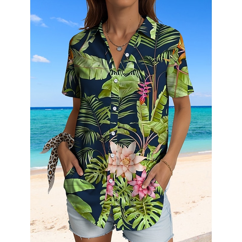 Women's Shirt Long Sleeve Button Down Blouse Graphic Leaf Hawaiian Vintage Tropical Daily Sleeveless Short Sleeve Shirt Collar Regular Tops Daily Red Blue Purple Green Light Blue Summer Spring