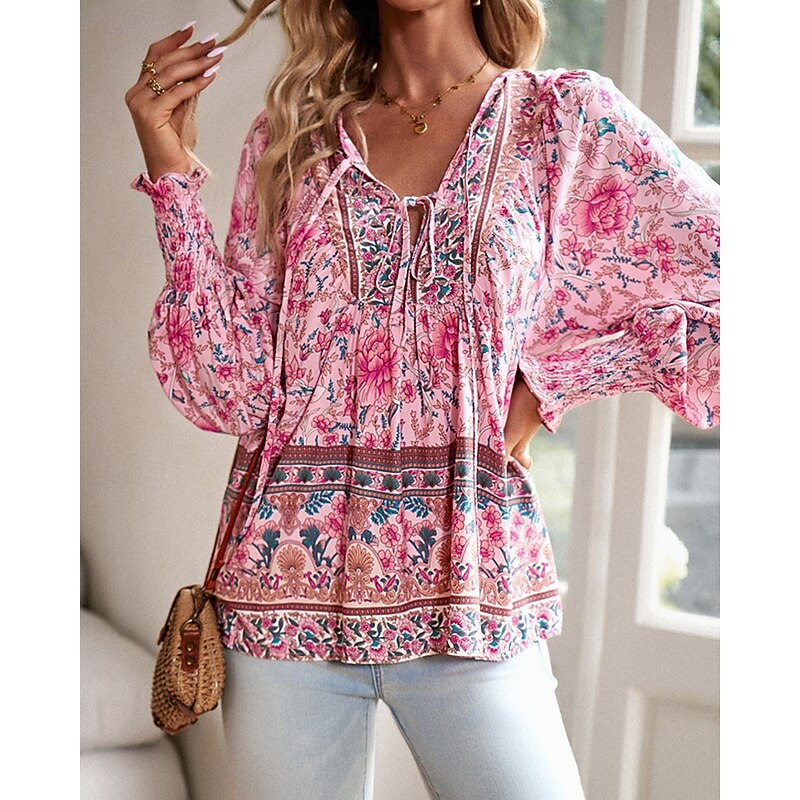 Women's Shirt Boho Shirt Summer Tops Flower Daily Stylish Casual Long Sleeve V Neck Regular Tops Work Daily Holiday Print Pink Navy Blue Blue Spring Fall2