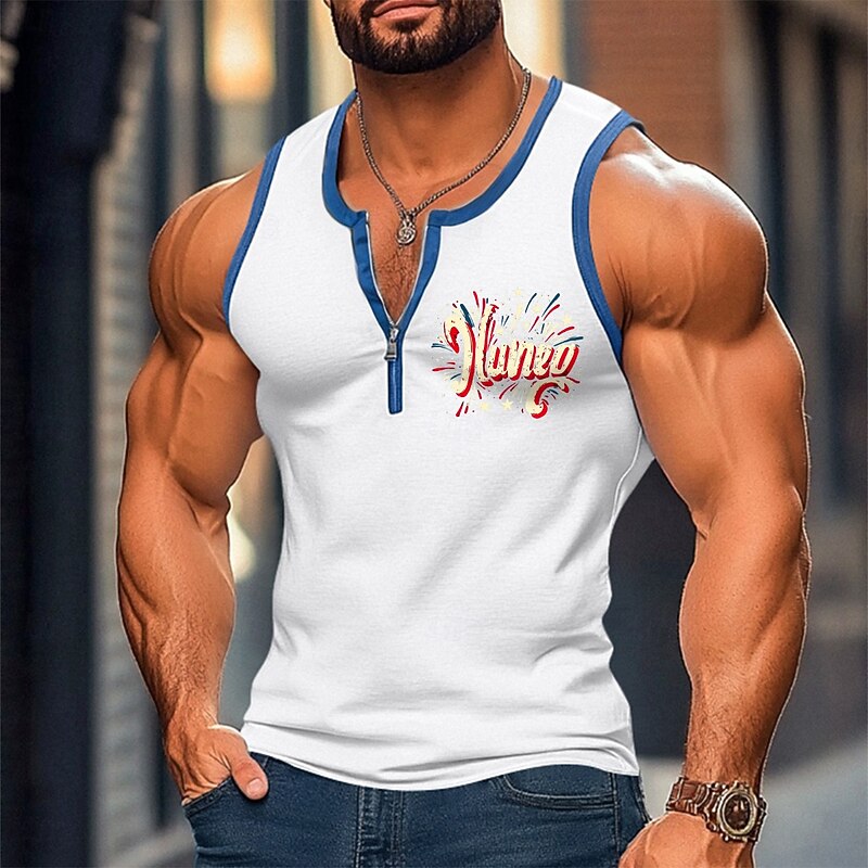 Men's Tank Top Vest Undershirt Sleeveless Shirt Sleeveless U Neck Summer Patchwork Independence Day Fashion Sporty Classic Zipper Street Casual Sports Black White Navy Blue Top Tee for Men2