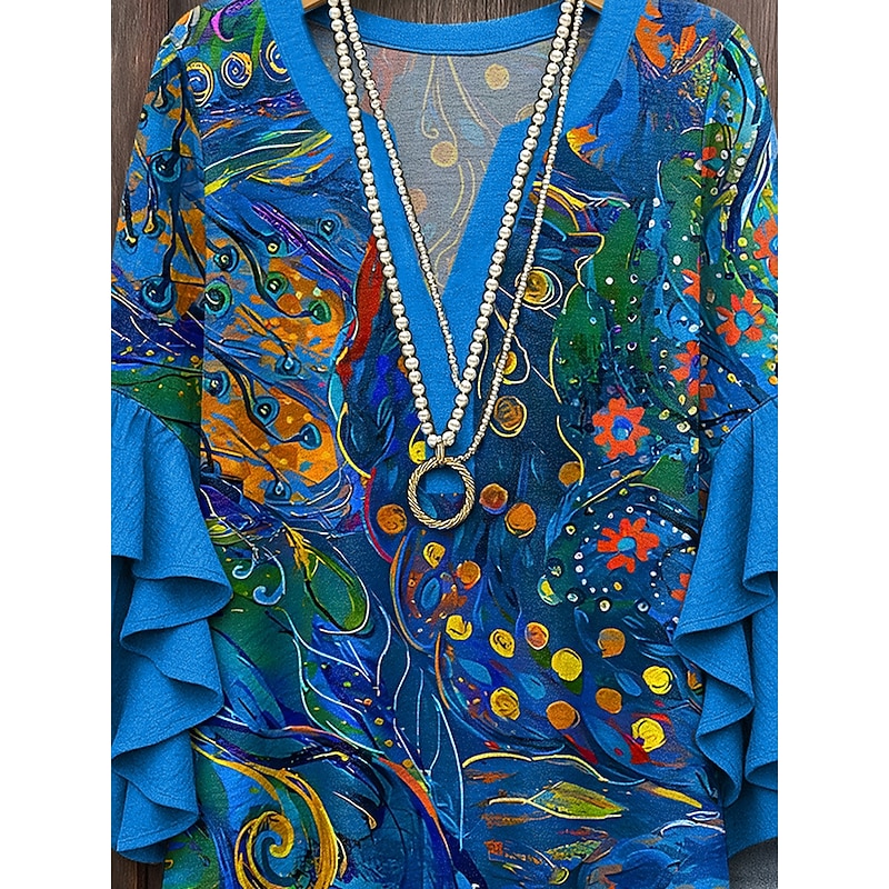 Women's Blouse V Neck Layered Ruffle Sleeve Tops Graphic Geometric Vintage Daily Stylish 3/4 Length Sleeve Regular Tops Daily Holiday Vacation Wear Print Red Blue Purple Green Summer Spring3