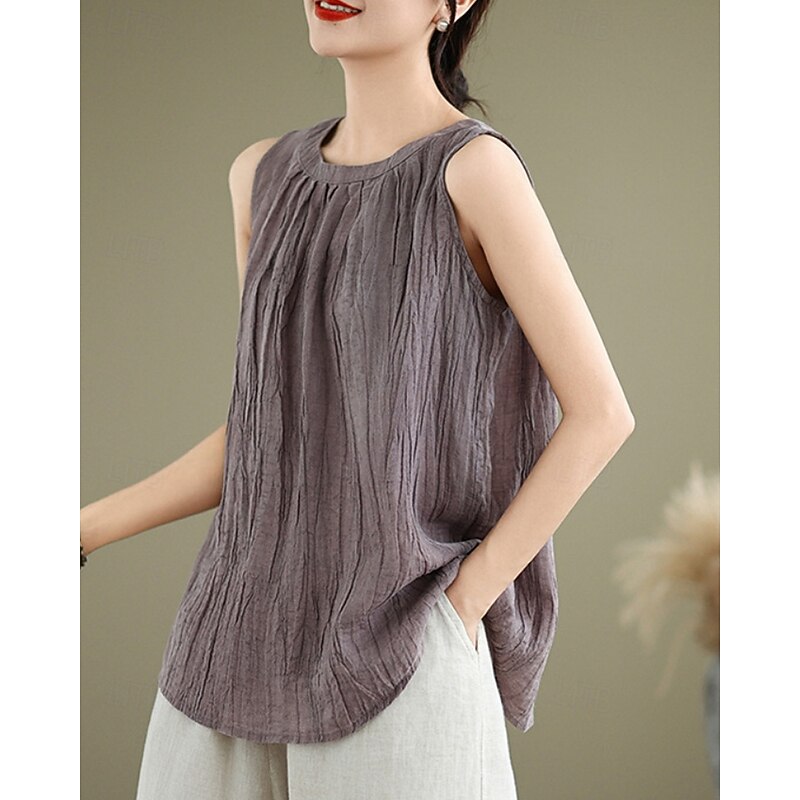 Women's Cotton Linen Shirts Plain Modern Casual Sleeveless Crew Neck Regular Tops Holiday Going out White Pink Navy Blue Purple Khaki Summer4
