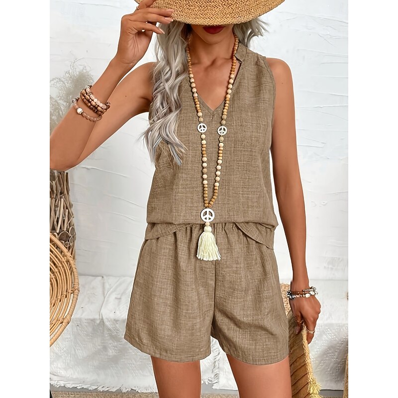 Women's Fashion Daily Basic Shorts Sets Sleeveless V Neck Solid Color Casual Daily Khaki Summer Regular Fit4