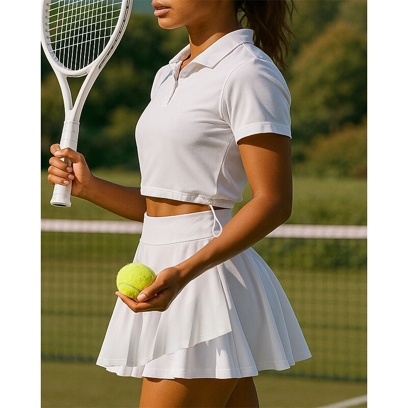 Women's Solid Colored Sports Set Tennis Set Two-piece Suit Short Sleeves Drawstring Ruched Ruffle Sweat-Wicking Moisture Wicking Breathable Tennis Golf Pickleball White Tennis Clothing2