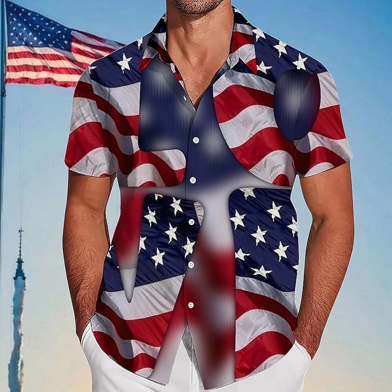 Independence Day Men's American US Flag Patriotic Fourth of July Shirt Summer Shirt Button Up Shirt Short Sleeve Fashion Casual Outdoor Holiday Summer Spring Turndown 3D Print Collared Shirts Black2