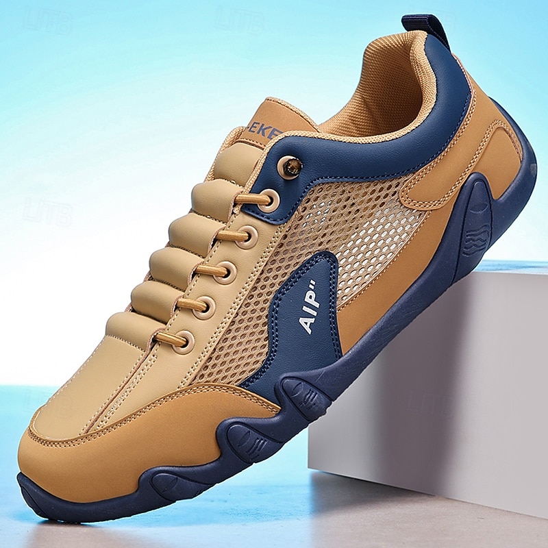 Men's Sneakers Beige and Blue Athletic Shoes with Mesh Upper and Cushioned Sole for Casual Wear and Outdoor Sports