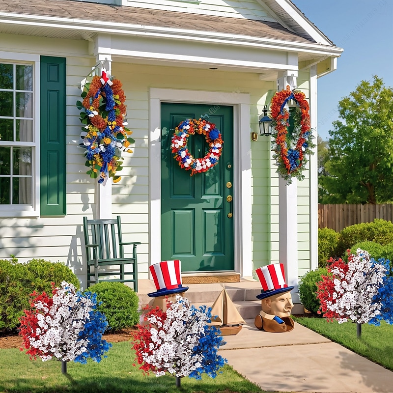 Patriotic Artificial Flower Stakes, 4th of July Red White Blue Gypsophila with Flags and Ground Picks, Memorial Day Grave and Yard Decorations for Veterans Day, Independence Day Decor4