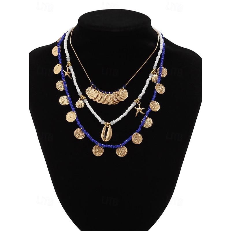 Gold and Blue Beaded Shell and Coin Charm Necklace Set for Women – Beach Boho Style Layered Necklaces with Starfish and Shell Accents for Summer and Vacation3