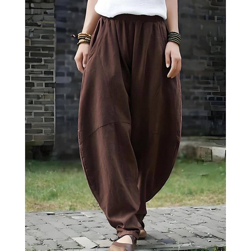 Women's Cotton Linen Pants Slacks Fashion Full Length Natural Plain Pocket Elastic Waist Comfy Comfortable Vacation Street Coffee Summer Regular Fit