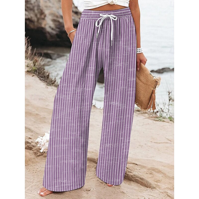 Women's Wide Leg Chinos Baggy Pants Vacation Vintage Fashion Full Length High Waist Graphic Striped Printing Micro-elastic Formal Vacation Street Violet Robin's Egg Blue Green Summer Spring Regular3