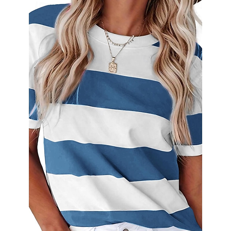 Women's T Shirt Graphic Striped Vintage Stylish Casual Short Sleeve Crew Neck Regular Tops Daily Weekend Print Black Blue Dusty Blue Orange Green Summer Spring3