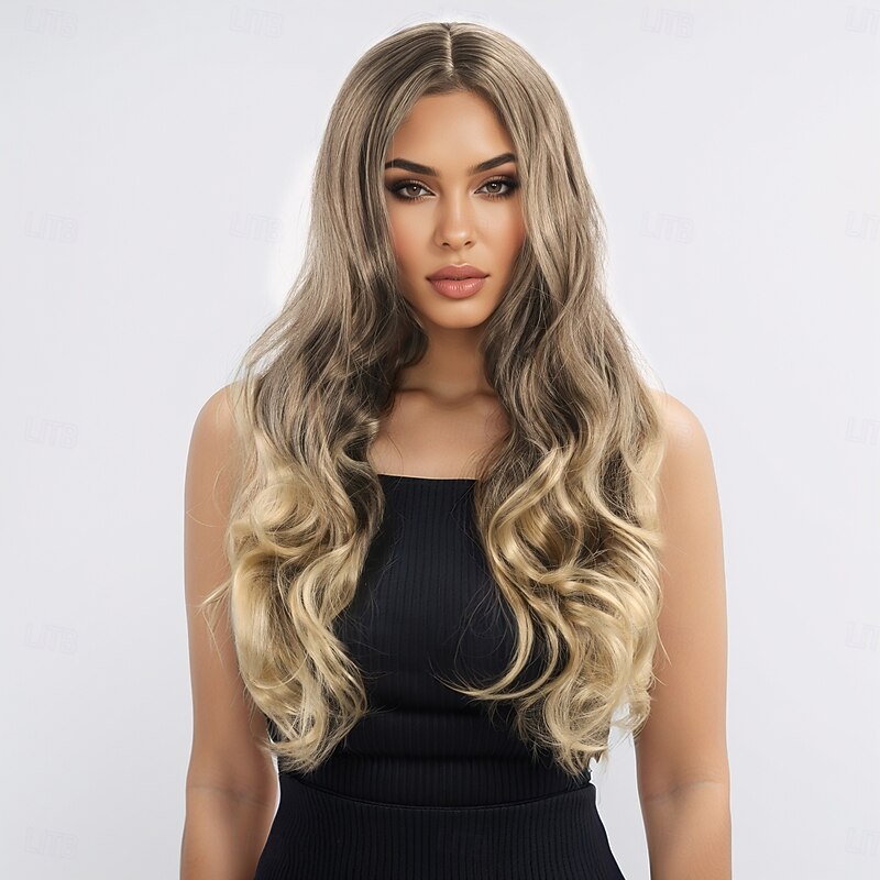 Synthetic Wig Wavy Layered Haircut With Bangs Machine Made Wig 28 inch A1 Synthetic Hair Women's Classic Comfortable Color Gradient Blonde2