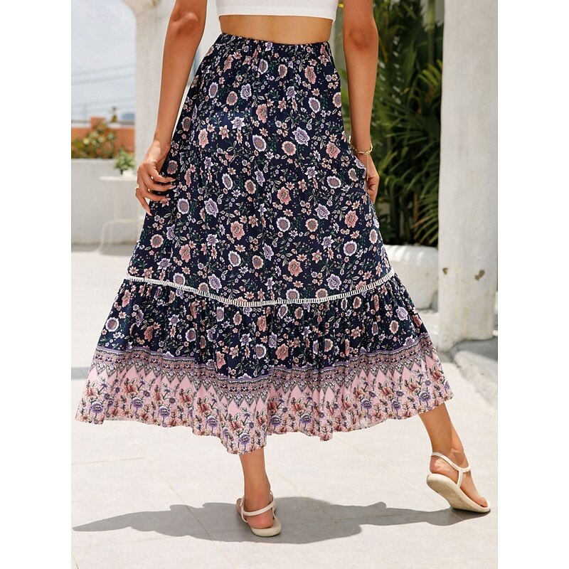 Women's Skirt A Line Bohemia Casual Midi High Waist Skirts Floral Pocket Print Micro-elastic Street Daily Red Orange Dark Blue Apricot Summer Rayon4