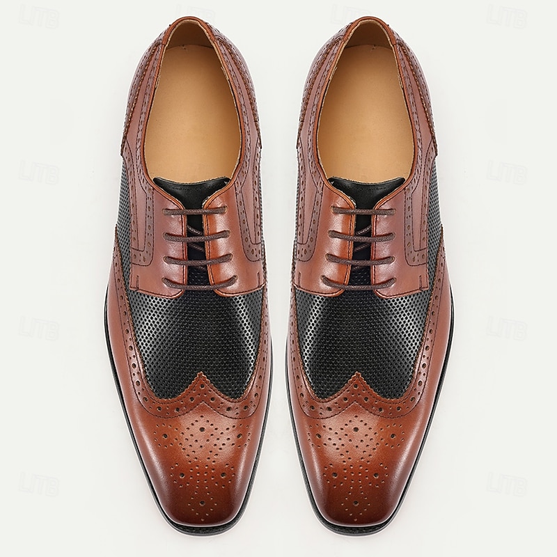 Men's Premium Brown and Black Leather Lace-Up Shoes with Mesh Detailing for Business and Formal Occasions4