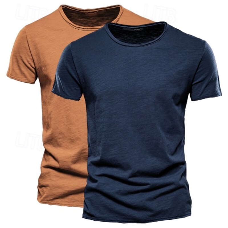 2 Pack Cotton Men's T Shirt Tee Top Short Sleeve Short Sleeves Crew Neck Round Neck Summer Plain Fashion Designer Basic Classic Style Basic Vacation Street Casual Orange Blue Army Green  Black Tee4