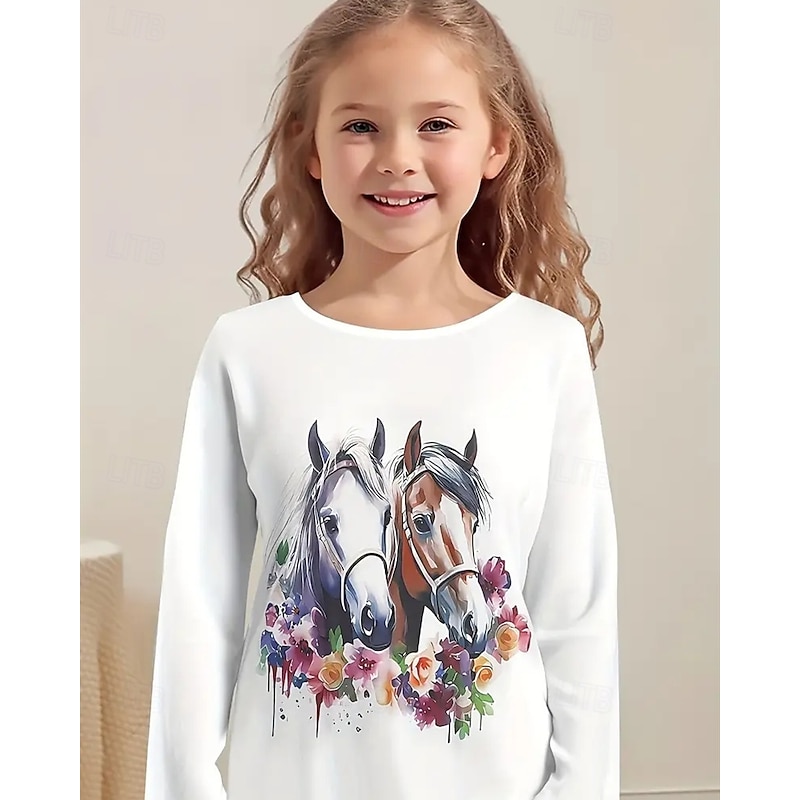 Girls' 3D Animal Horse T shirt Tee Long Sleeve Spring Fall Fashion Basic Kids 4-12 Years Crew Neck Outdoor Casual Daily Regular Fit