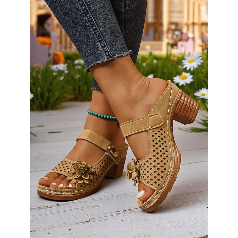 Women's Flower Heeled Sandals – Casual Mule Style with Carved Hollow-out Detail, Comfortable Chunky Heel, Great for Garden Parties3