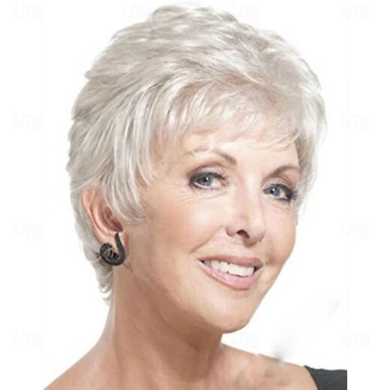 Short Silver White Synthetic Wigs with Bangs for Old Women White Stylish Fluffy Layered Wigs Natural Fluffy Heat Resistant Wigs for Mother Grandmother Grandma2