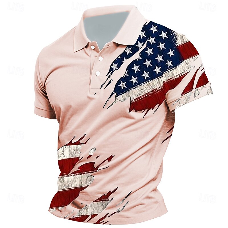 Independence Day Men's American US Flag Polo Short Sleeves Lapel Casual Daily Sports & Outdoor Athleisure Festival Buttons Summer Pink White Sky Blue3