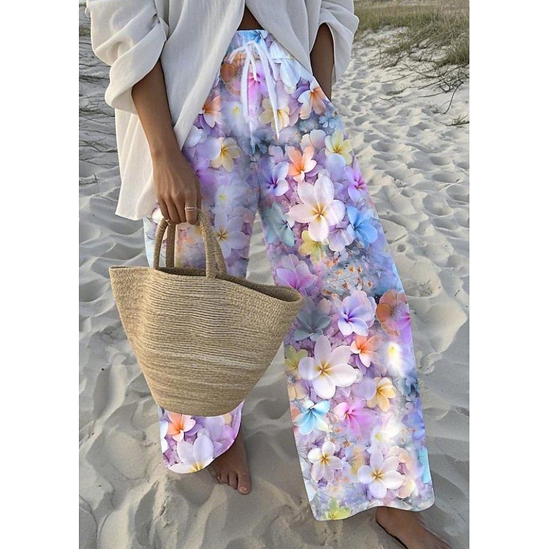 Women's Wide Leg Chinos Baggy Pants Vacation Fashion Hawaiian Full Length High Waist Floral Graphic Drawstring Printing Soft Breathable Micro-elastic Vacation Street Causal Sky Blue And White White2