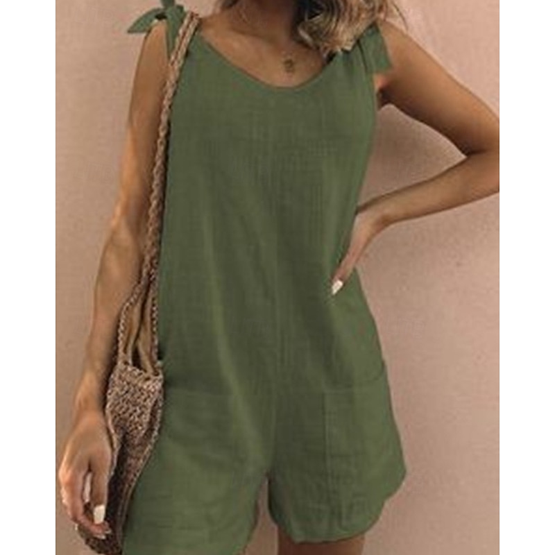 Women's Normal Cotton Linen Pants Streetwear Solid Color Sleeveless V Neck Pocket Street Daily Regular Fit White Yellow Army Green Summer