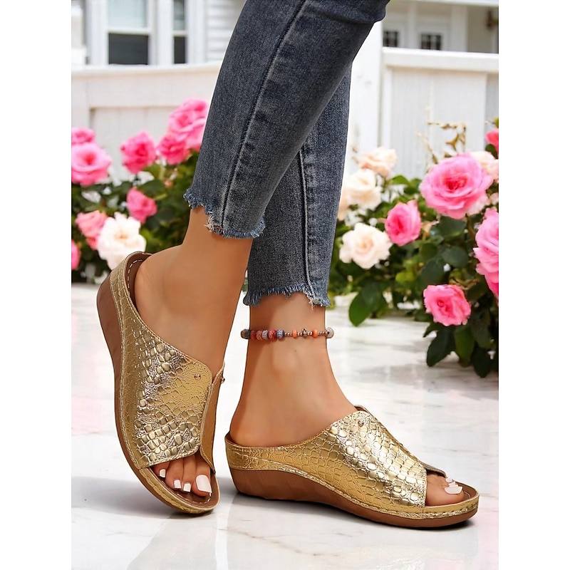 Women's Gold Croc-Embossed Slide Sandals with Wedge Heel – Stylish Open-Toe Slip-On Shoes, Perfect for Beach Vacations, Garden Parties, Poolside Brunch & Summer Strolls4
