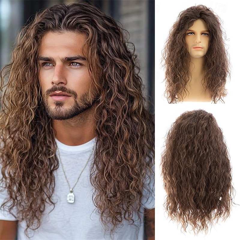 Mens Long Curly Brown Wig Synthetic Hair 70s 80s Rocker Cosplay Costume Halloween Party Wigs