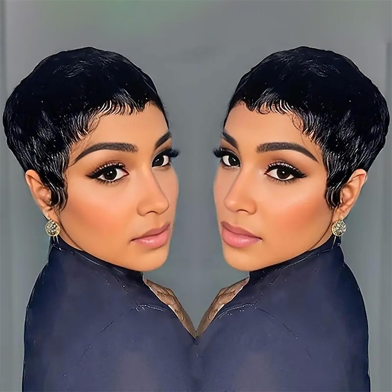 Pixie Cut Wig Synthetic Wig Short Straight Bob Wig for Black Women Natural Black Color