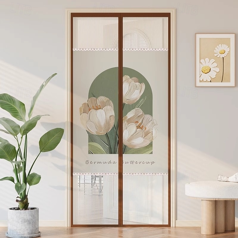 Flowers Magnetic Screen Door Heavy Duty Screen Door Mesh with Magnets, Privacy Door Curtain with Full Frame Tape,Automatical Closure, Easy Install