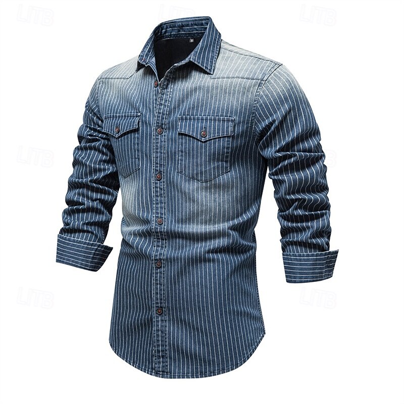 Men's Shirt Summer Shirt Casual Shirt Beach Shirt Button Up Shirt Black Navy Blue Long Sleeve Stripes Lapel Vacation Hawaiian Pocket Clothing Apparel Fashion Casual Comfortable3
