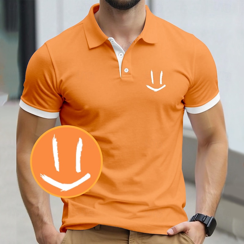 Men's Smile Face Polo Short Sleeve Polo Shirts Collared Shirts Casual Outdoor Daily Wear Buttons 3D Print Summer Blue Orange Brown4