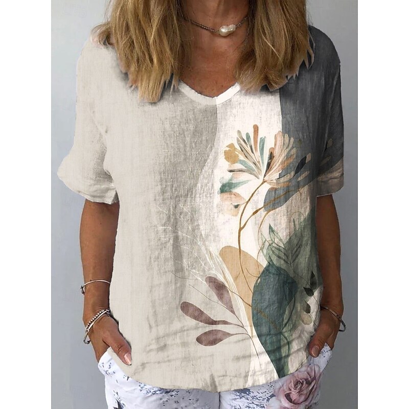 Women's Shirt Floral Graphic Plants Stylish Classic Casual Short Sleeve Crew Neck Regular Tops Daily Beach Wear Vacation Wear Print Light Green Khaki Light Blue Summer Spring