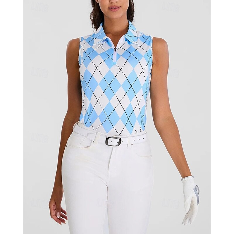 Women's Checkered Tennis Shirt Sleeveless Print UPF50+ Quick Dry Tennis Golf Outdoor Exercise Zip Collar Tee Tshirt Top Blue Tennis Clothing
