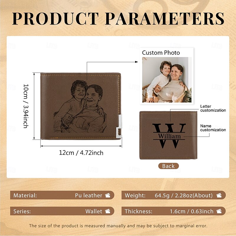Personalized Photo Engraved Leather Wallet Custom Best Gift for Dad, Name and Initial on Back, Father's Day, Birthday, Anniversary, Christmas Gift for Him, Personalized for Men2
