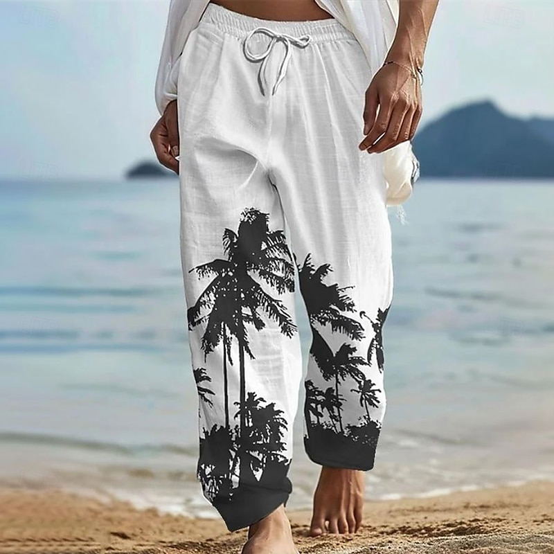 Men's Coconut Tree Tropical Plants Trousers Baggy Pants Casual Pants Mid Waist Hawaiian Vacation Holiday Beach Wear Drawstring Elastic Waist Wide Leg Summer Spring 3D Print White