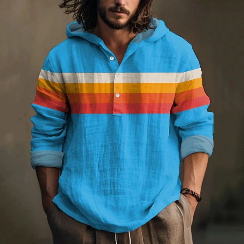 Men's Shirt Popover Shirt Summer Shirt Casual Shirt Beach Shirt Pink Red Blue Sky Blue Orange Long Sleeve Stripes Hooded Vacation Hawaiian Buttons Clothing Apparel Polyester Fashion Casual Comfortable