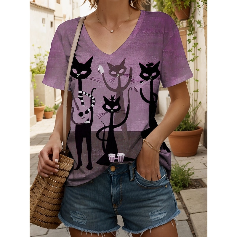 Women's T Shirt Graphic Animal Cat Vintage Stylish Classic Short Sleeve V Neck Regular Tops Daily Print Dusty Rose Light Brown Blue Purple Green Summer Spring