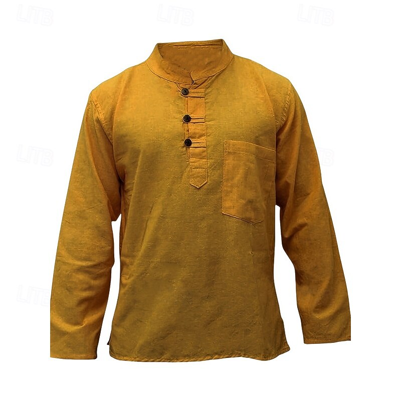 Men's Shirt Summer Shirt Casual Shirt Beach Shirt Button Up Shirt Black Yellow Orange Army Green Dark Blue Long Sleeve Plain Band Collar Vacation Hawaiian Clothing Apparel Polyester Fashion Casual4