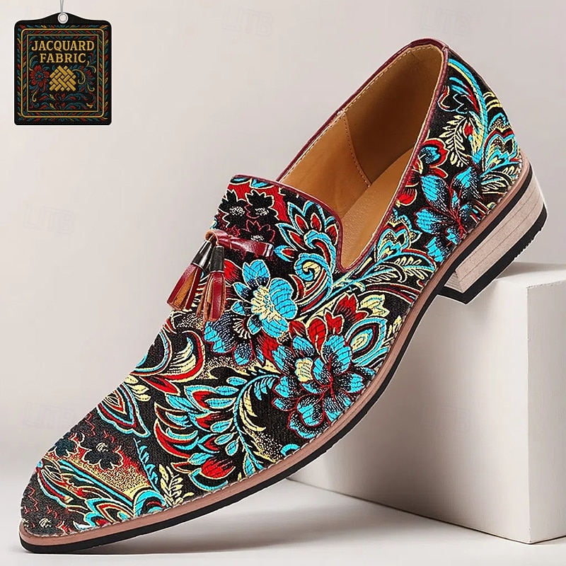 Men's Floral Jacquard Slip-On Loafers - Elegant Embroidered Casual Shoes for Special Occasions and Semi-Formal Events