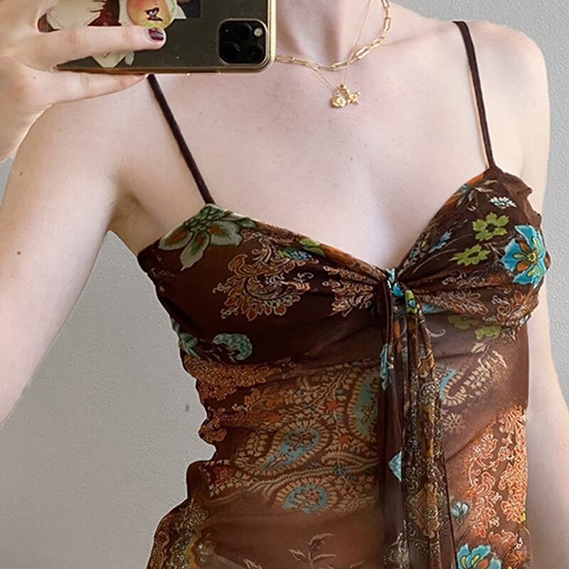 Women's Boho Shirt Blouse Flower Modern Boho Sleeveless Strap Regular Tops Holiday Going out Print Brown Summer2