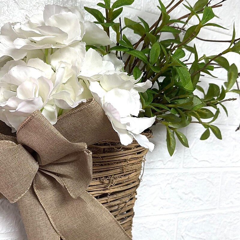Cream Hydrangea Door Hanger Basket Wreath Spring Wreath Floral Artificial Hydrangea and Vine Basket Door Hanging Decoration with Rustic Twigs for Front Door, Porch, Living Room, Cafe2