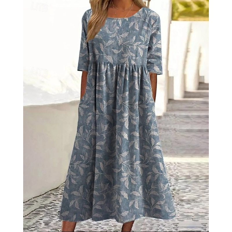 Women's Midi Dress Casual Dress Floral Dress Classic Modern Outdoor Vacation Holiday Regular Fit Flower Short Sleeve Crew Neck Navy Blue Blue Green Fall - Main Image
