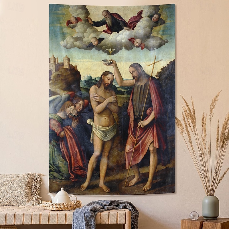 Medieval Tapestry Middle Age Tapestry Religious Art Large Mural Decor Photograph Backdrop Home Bedroom Living Room Decoration The Baptism of Christ2
